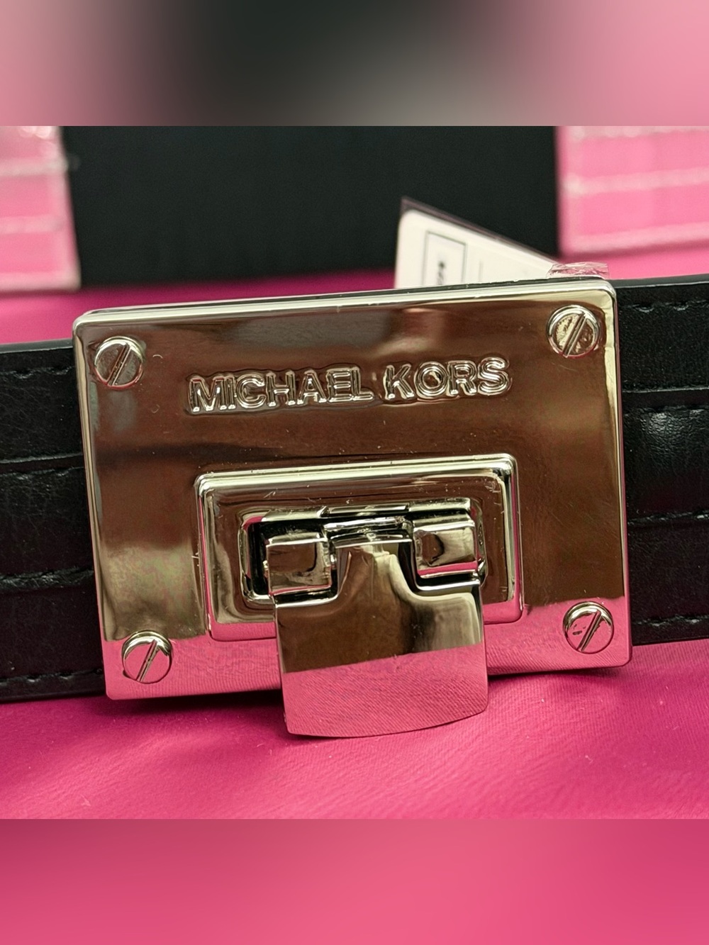 Michael Kors Black Chunky Wide Synthetic Leather Belt w/Silver Logo Plate Large - Picture 4 of 6